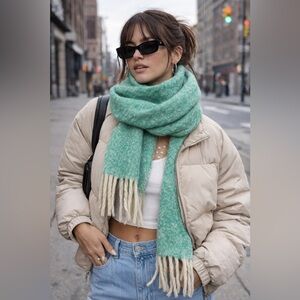 Green Knit Scarf Cream Fringe Cozy Winter Classiccore Cottagecore Soft Wrap